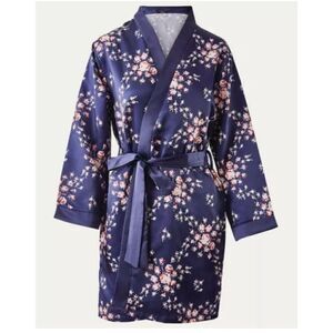 Morgan Lane Fab Fit Fun Satin Short Navy Blue Floral Allie Robe New Size S/M